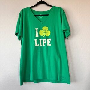 Life is Good Green I Love Life Shamrock V Neck T Shirt Plus XXL St Patrick's Day